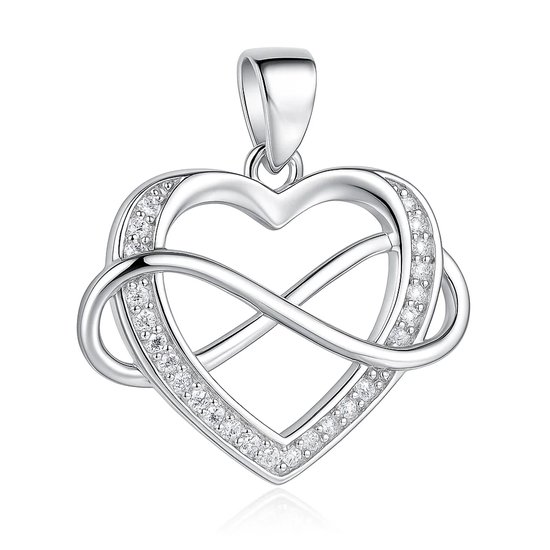 Zilveren hartvormige hanger met ingelegd infinity-symbool en sprankelende kristallen.