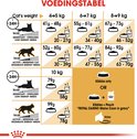 Voedingstabel voor Royal Canin Maine Coon kattenvoer, met aanbevelingen op basis van gewicht en activiteit.