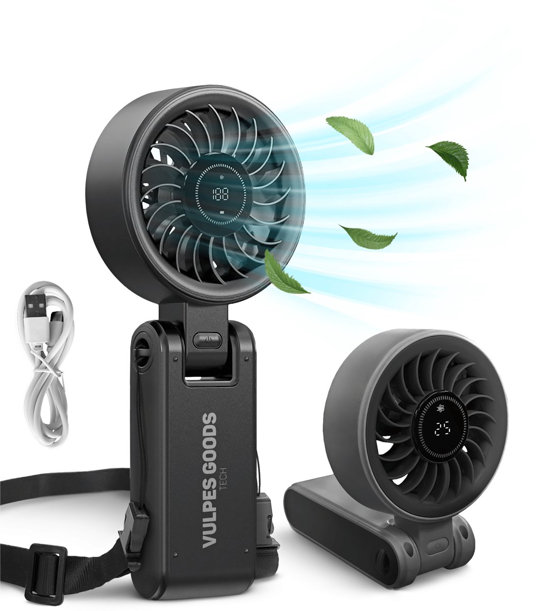 Vulpes Goods® Tech - Handventilator PRO 3in1 - Oplaadbaar & Draagbaar - Draadloze Mini USB Ventilator - Nekventilator - Krachtige Motor - 4000 mAh - 5 Snelheden - Opvouwbaar Design - Tot maar liefst 14 uur Verkoeling - Incl. Draagkoord