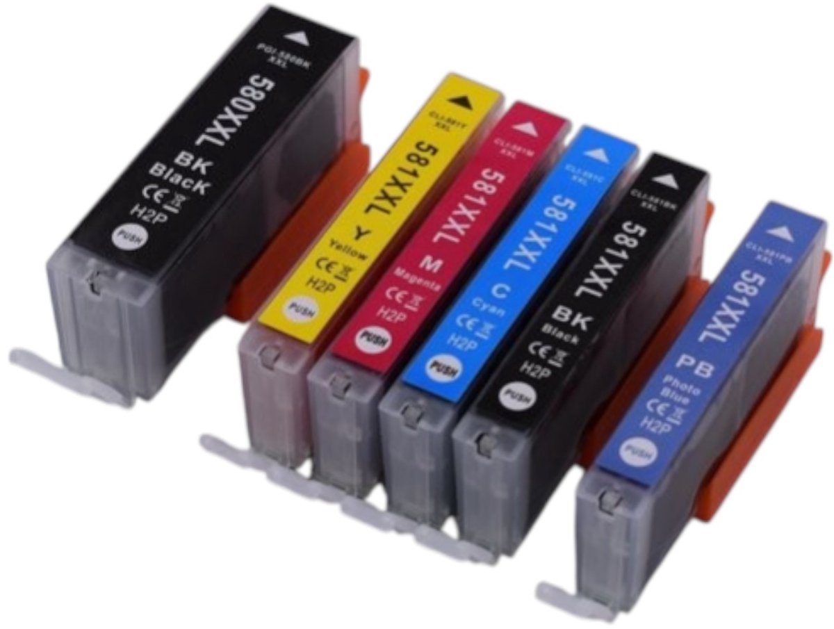 KATRIZ® Huismerk Inkt PGI-580XXL + CLI-581XXL (Zwart, Cyaan, Magenta, Geel, Foto Zwart, Foto Blauw) – Set van 6 – Geschikt voor Canon PIXMA TS8250 / TS8150 / TS9150 – Extra Hoge Capaciteit – Compatible Alternatief