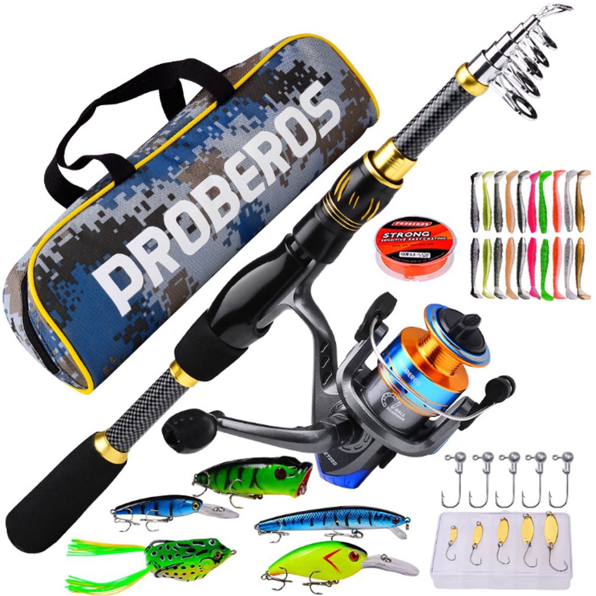 woegel hengelset – complete visset – vishengel + accessoires – hengel van 1.8 meter inschuifbaar – carbon zwart