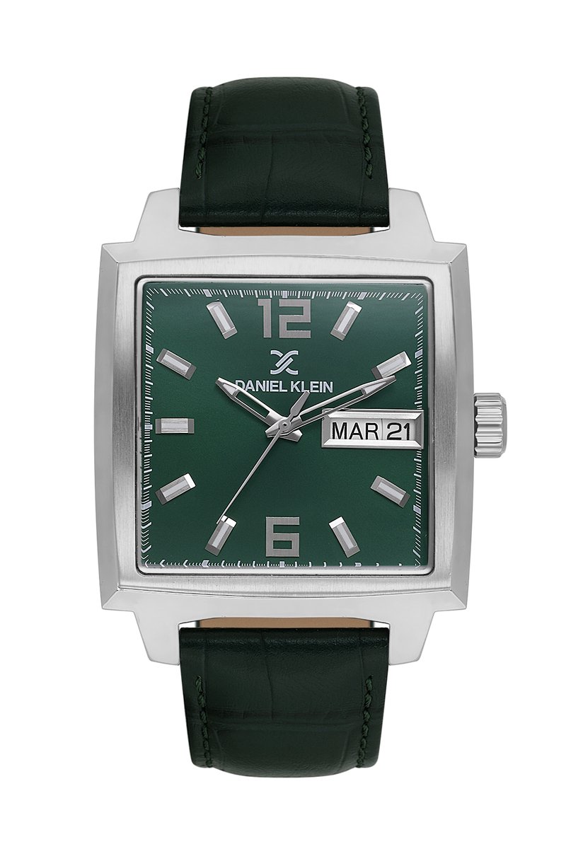 Daniel Klein DK.1.13991-4 - Horloge - Polshorloge - Analoog - Heren - Mannen - Leren band - Vierkant - Metaal - Datumaanduiding - Strepen - Cijfers - Donkergroen - Zilverkleurig - Wit
