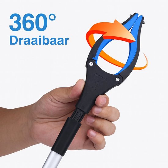 Hand die een grijper met een 360 graden draaibare kop vasthoudt. De kop is blauw met zwarte accenten.