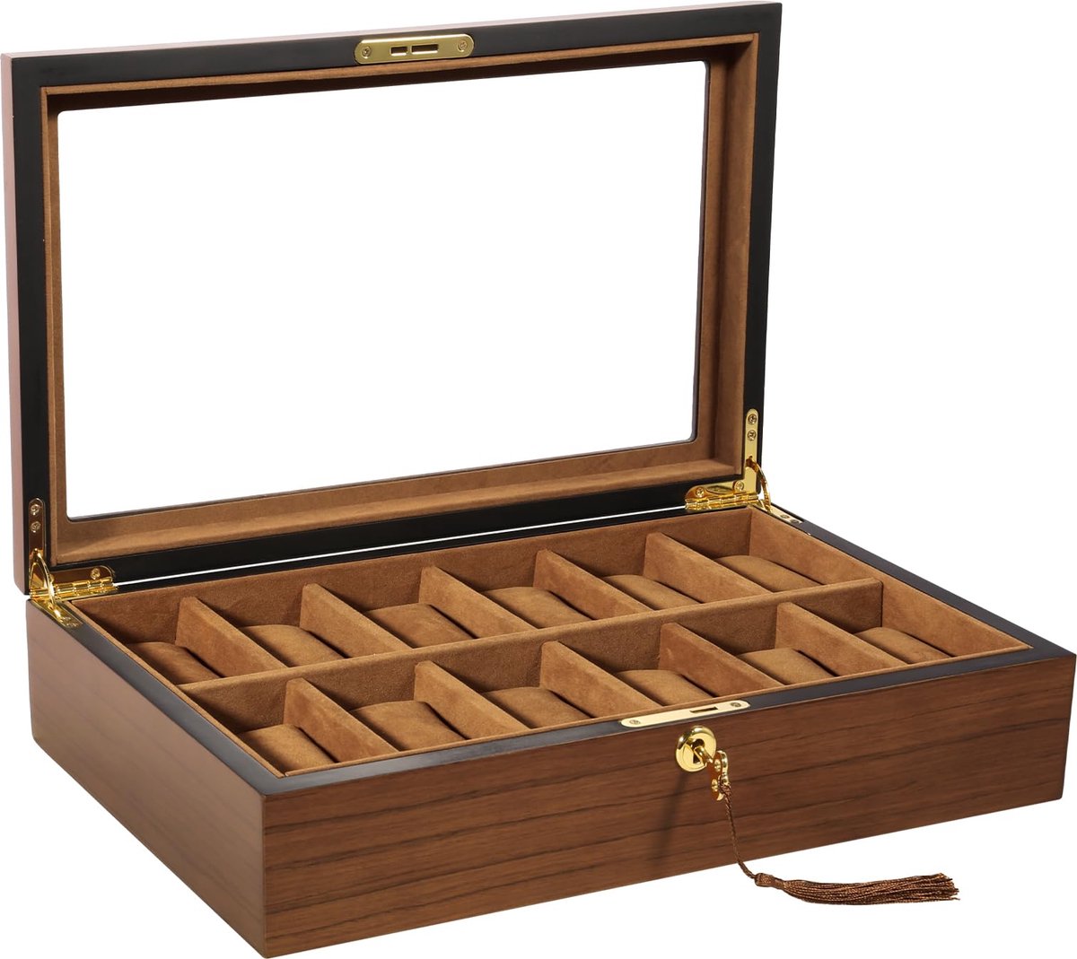 Uten horlogebox met 12 compartimenten, houten horlogebox, horloge opbergbox met sleutel, zachte horlogekussens, cadeau voor Valentijnsdag