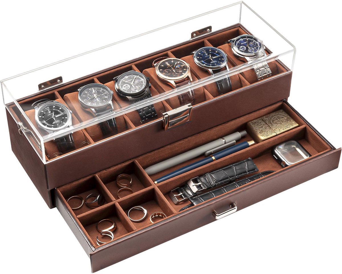 ProCase Horlogebox met 6 compartimenten, Horlogekast met lade, Herenhorlogebox, Horlogeopberger Horlogekast Horlogebox voor heren, Horlogeopberger - 6 compartimenten, Bruin