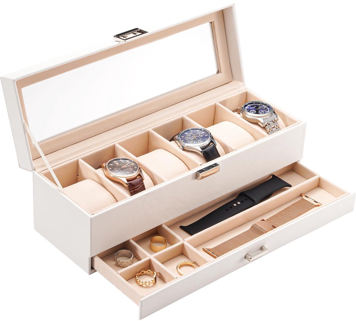 ProCase Horlogebox met 6 compartimenten, Horlogekast met glazen deksel, 2 niveaus, Horlogekast met uitneembare horlogekussentjes, Horlogebox voor sieraden, ringen, armbanden en kettingen - Wit