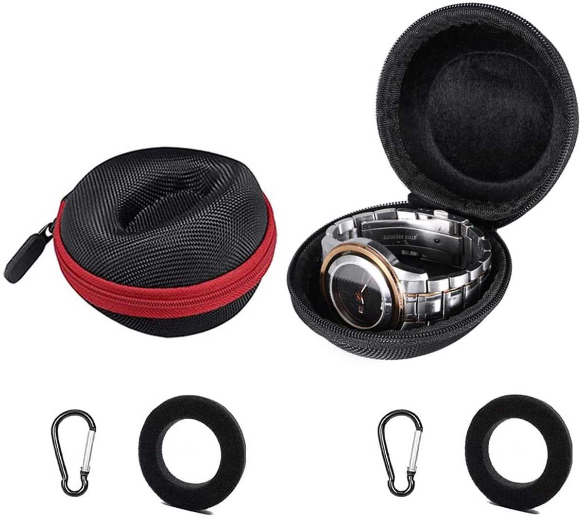 2-delige ronde draagbare horlogedoos, draagbare reiskoffer voor één horloge, reiskoffer voor één horloge, opbergdoos voor horloges, opbergdoos voor horloges met karabijnhaak, voor sieraden, horloges, kettingen (zwart, rood)