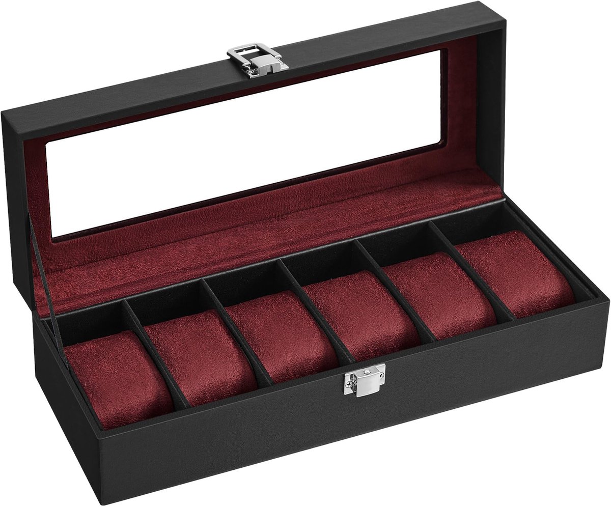 SONGMICS Horlogebox met 6 compartimenten, horlogebox, kast, glazen deksel, uitneembare kussens, metalen slot, zwarte coating en bordeauxrode voering, JWB006R01
