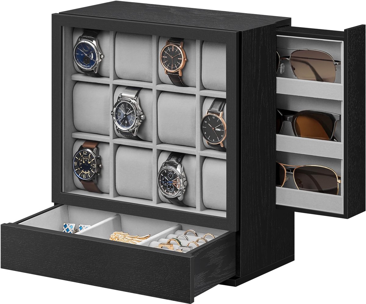 SONGMICS Horlogebox 12 compartimenten, horlogekast met venster, horlogedisplay, massief houten fineer, fluwelen voering, verticale opbergruimte, ruimtebesparend, cadeau-idee, ebbenhoutzwart JOW014B01