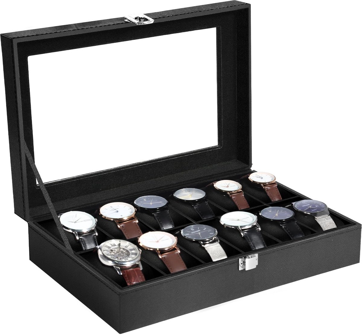 Uten Horlogedoos voor 12 horloges, Horlogedoos voor heren, Horloge opbergdoos met glazen deksel, Zwarte voering, Uitneembaar kussen, Metalen gesp, Sieradendoos voor heren- en dameshorloges