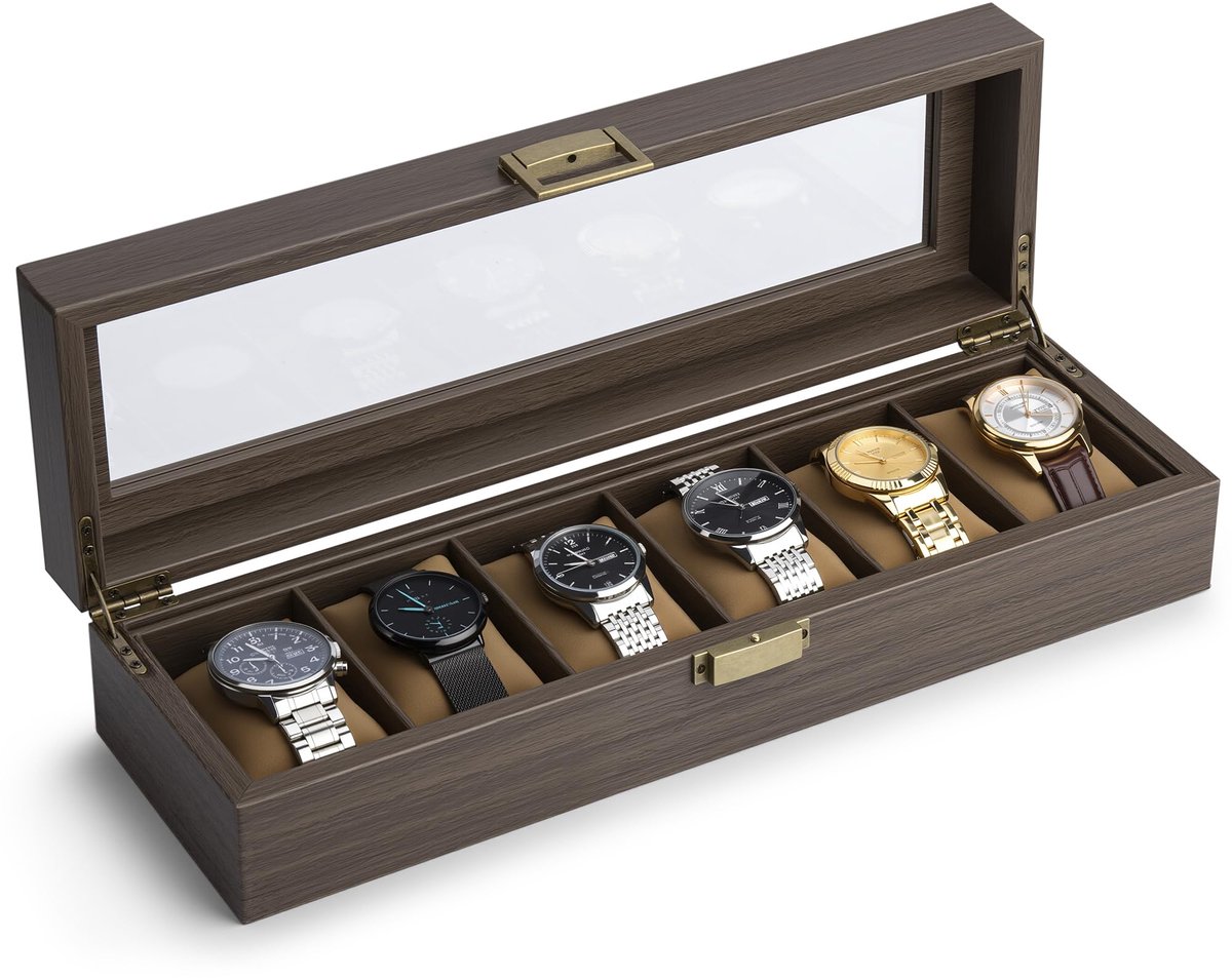 Lonian Horlogebox van massief hout voor heren, 5 vakken, houten opbergruimte voor horloges, organizer met glazen display, prachtig en duurzaam.