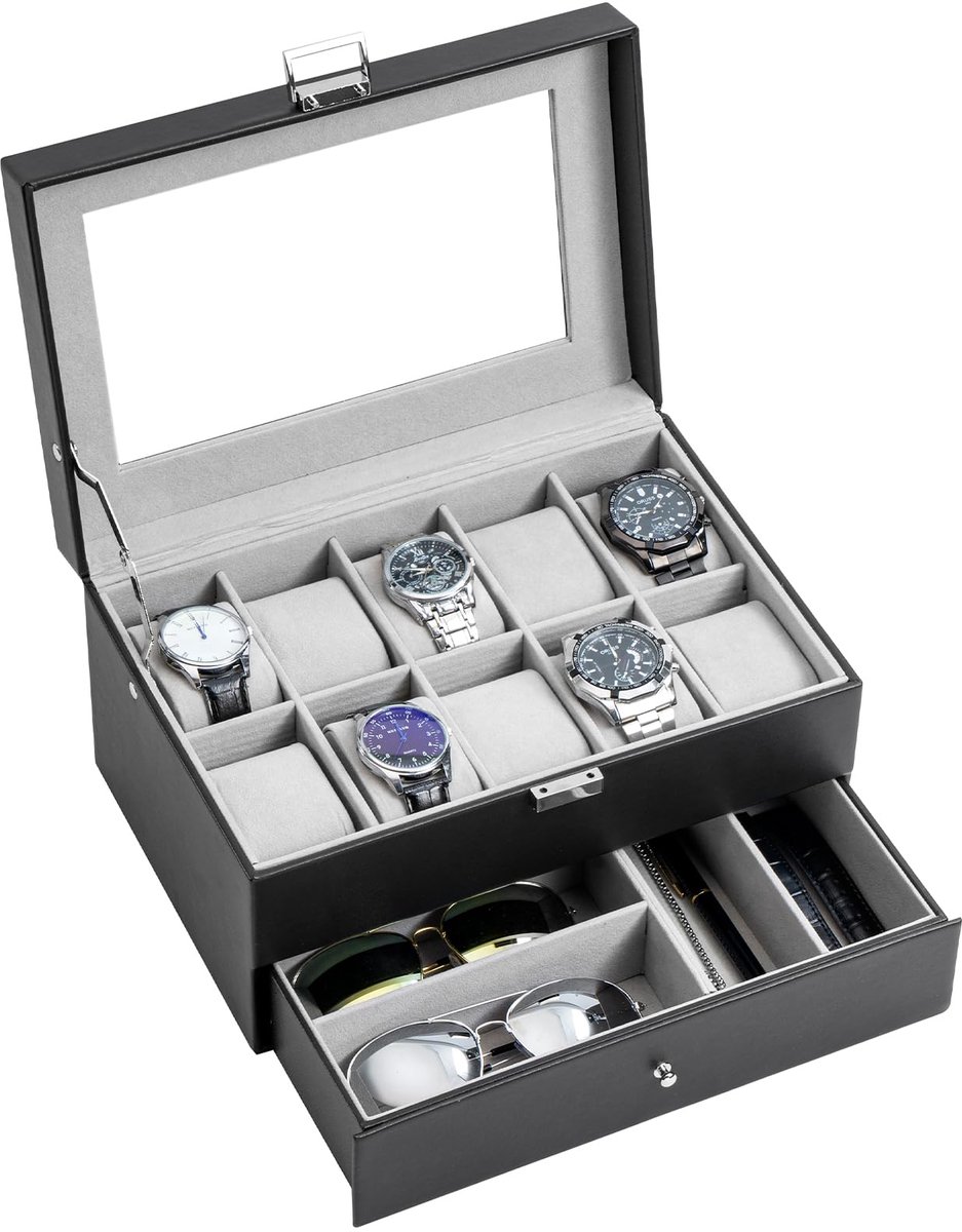 ProCase 2-laags horlogebox, sieradenhorloge opbergbox met glazen deksel, horlogebox, sieradendoos, horlogekast, 10 vakken en 1 lade voor horloges, ringen, armbanden - zwart