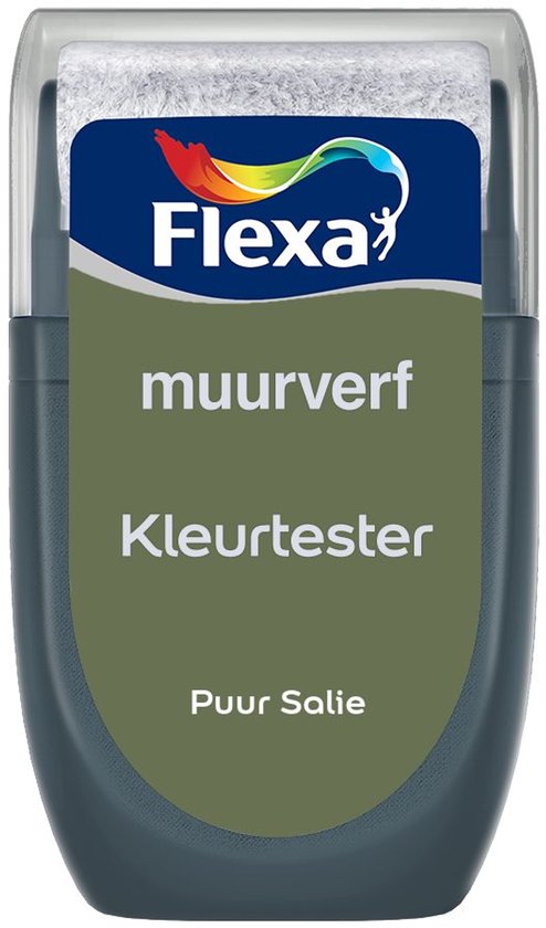 Flexa Kleurtester Puur Salie muurverf met applicatorkwastje.