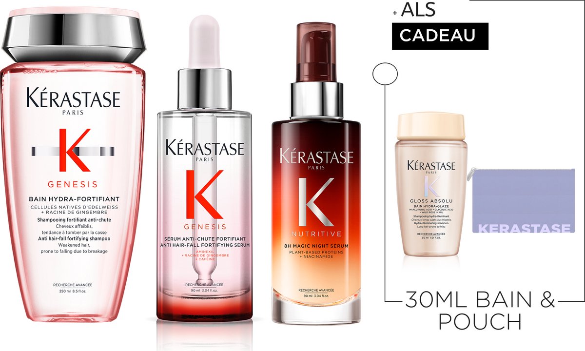 Kérastase Genesis & Nutritive Trio + 2 Cadeau's- Shampoo 250ml, Serum 90ml & 8H Magic Night Nachtserum 90ml + Shampoo 30ml & Flatpouch Cadeau - Voor anti-haaruitval en droog haar