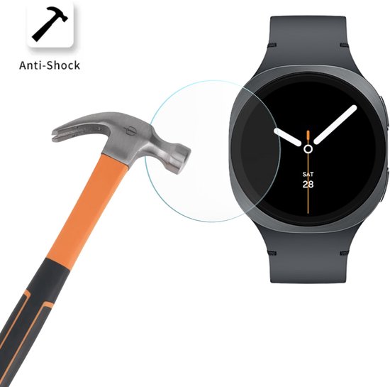 Een hamer slaat op een horlogescherm, beschermd door een 'Anti-Shock' glas.