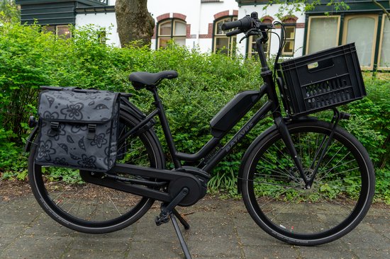 Voltano Dubbele Fietstas Floral Fusion - Grijs Met Bloemen - 38 Liter - 100% Waterdicht Polyester - Vrolijke Fietstassen