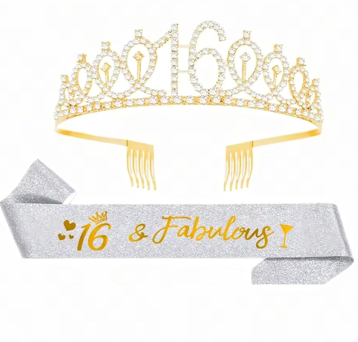 16 & Fabulous set met diadeem en sjerp deLuxe zilver en goud glitter - 16 - verjaardag - sweet 16 - sjerp - tiara - diadeem - birthday
