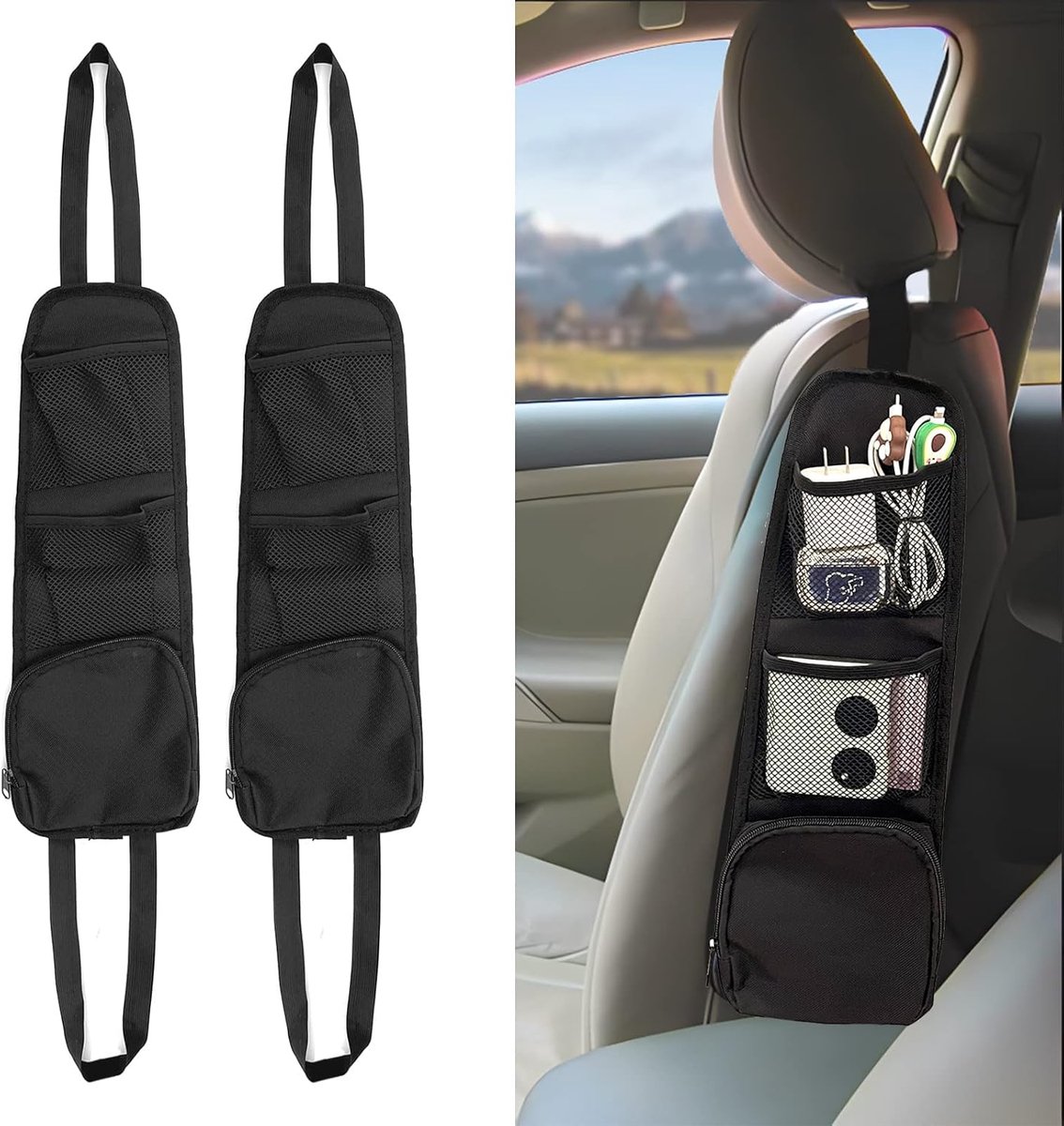 Image of 2-delige opbergtas voor autostoelen, opbergtas met meerdere zakken aan de zijkant van de stoel, multifunctionele nettas, geschikt voor mobiele telefoons, portemonnees en brillen, geschikt voor auto's, SUV's en vrachtwagens