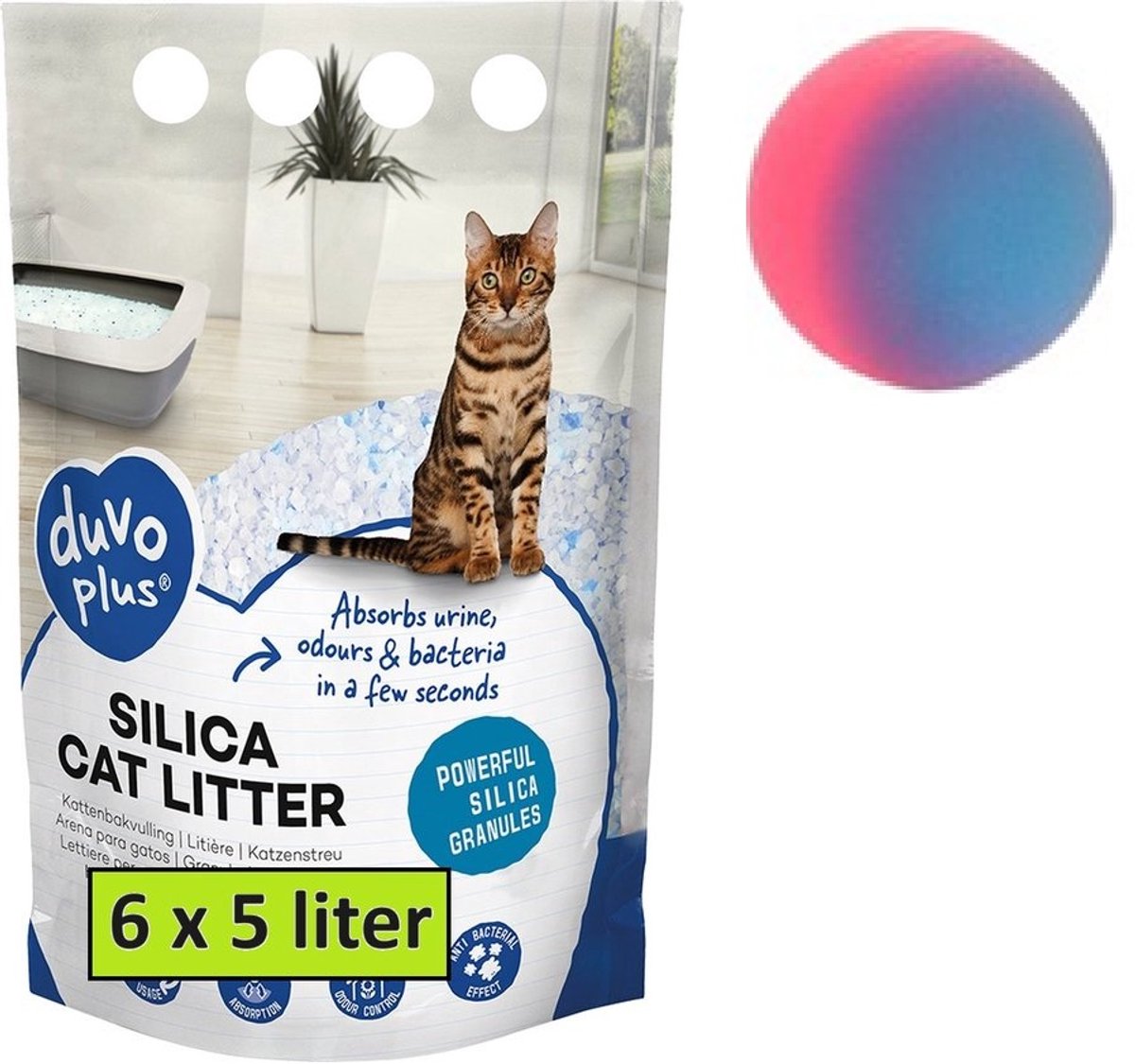 Kattenbakvulling premium Silica - 6 x 5 Liter - Bulk voordeel Incl Stuiterbal - Multicolour