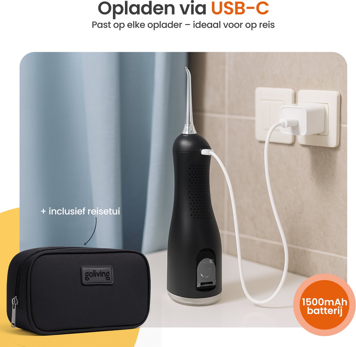 Goliving Waterflosser - 5 Opzetstukken - 4 Standen - Incl. Reistasje - Monddouche 300 ml - Elektrisch Flosapparaat - Draadloos & USB Oplaadbaar - Zwart thumbnail 2
