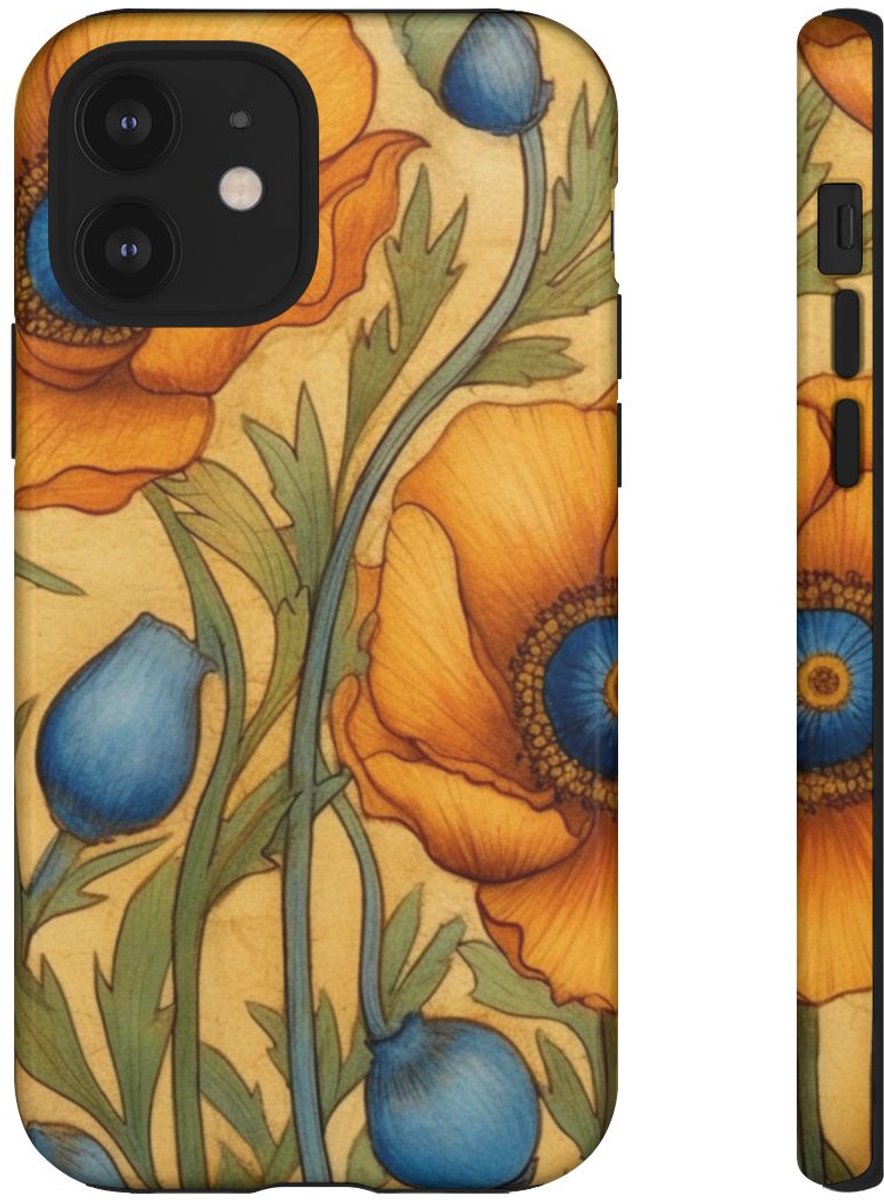 Gouden Klaprozen met Blauwe Harten – Telefoonhoesje Geschikt voor iPhone 12