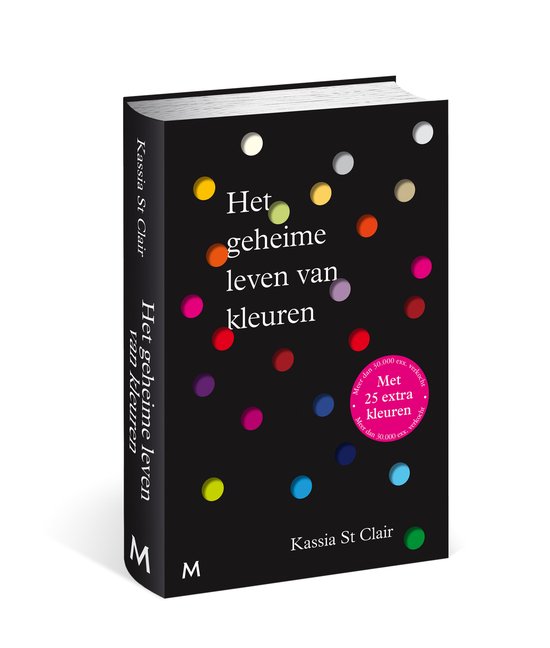 Boek 'Het geheime leven van kleuren' met een zwarte cover vol met gekleurde cirkels. Titel en auteur in witte letters.