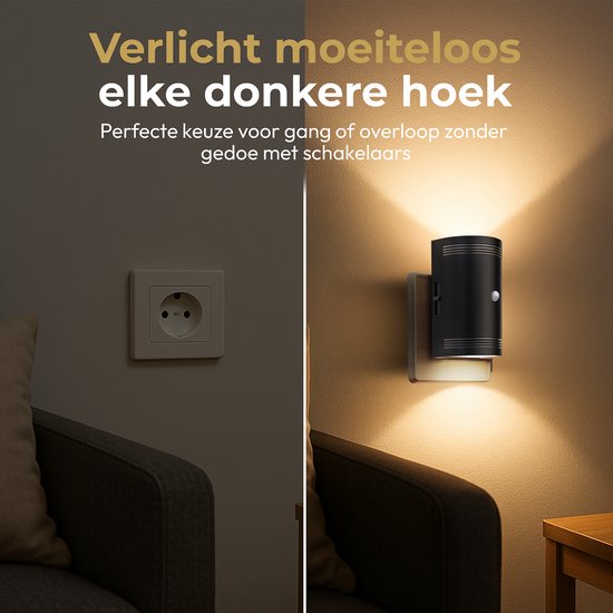 Zwarte stekkerlamp met warm licht verlicht een donkere gang of overloop, zonder schakelaars.
