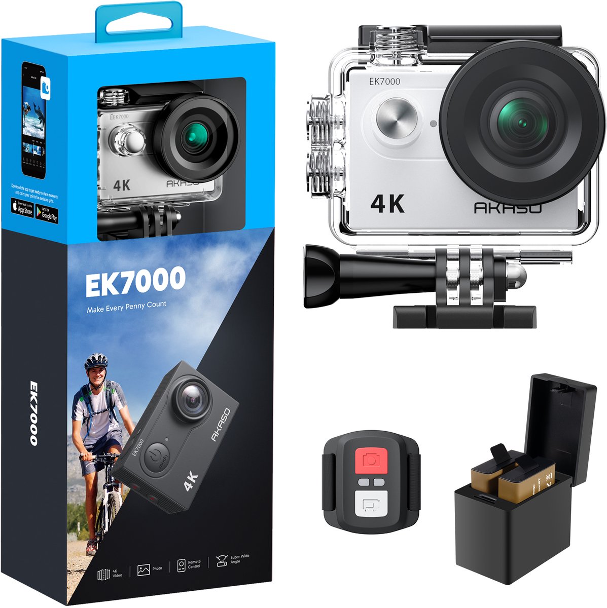 AKASO EK7000 Action Camera 4K – WiFi – Afstandsbediening – Waterdicht 30m – 4× Zoom – Onderwatercamera met Accessoireset – Zilver