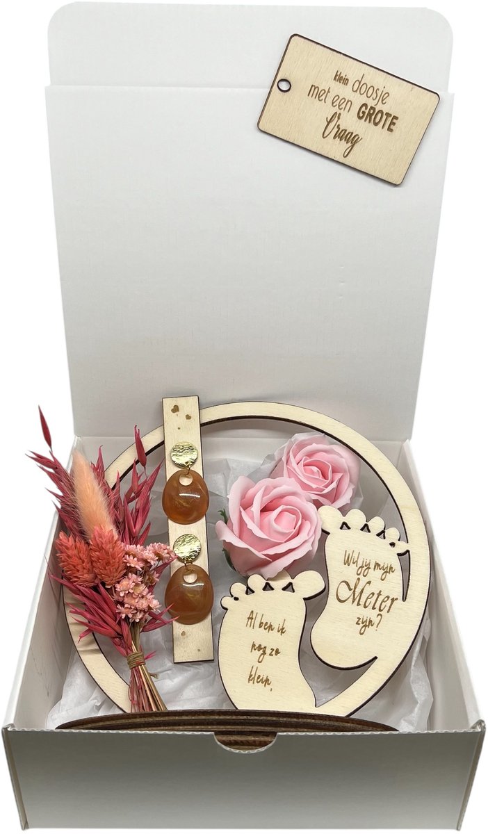 Geschenkbox Wil jij mijn METER zijn? | ROZE | zeeproosjes | droogbloemen | oorbellen | BOHEMIAN | meter vragen | meter worden | peettante vragen | peettante worden | cadeau | doosje met een vraag