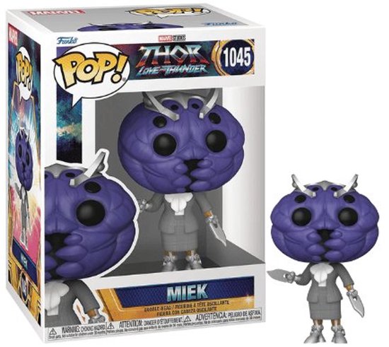 Funko Pop! Miek figuur in doos, met paars hoofd, grijze outfit en zilveren schoenen.