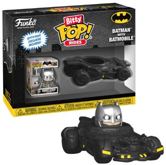 Verpakking van Funko Bitty Pop! Rides met Batman-figuur en zwarte Batmobile, met losse Batmobile voor.