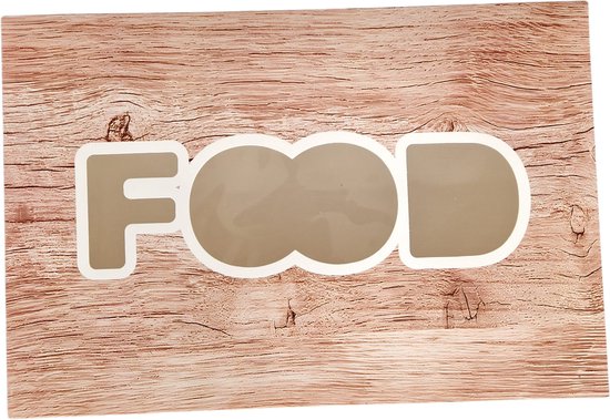 Cateringdoos met houten print en een groot venster dat de letters 'FOOD' vormt.