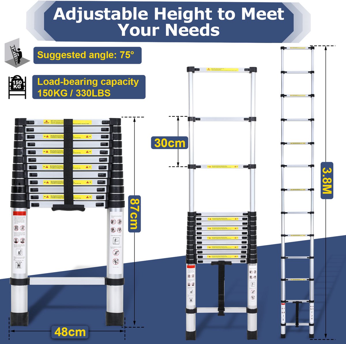 Telescopische Ladder - Telescoopladder - 3,8 m zilver, Max. Belasting 150 kg, Compact en Draagbaar met Soft Closing Systeem, Geschikt voor Particulier en Professioneel Gebruik, Telescopische Vouwladder – foto 8