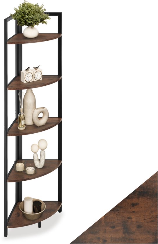 tectake® Hoekkast met 5 Lagen Houten Boekenkast in Industriële Stijl 30 x 30 x 150 cm Staande kast voor Woonkamer Slaapkamer Keuken Kantoor Zwart Metalen Frame (Donkerbruin)