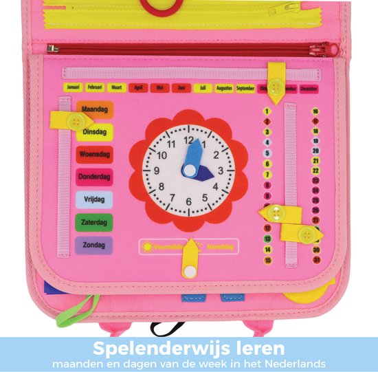Roze busy board met Nederlandse dagen van de week, maanden en een klok om te leren.