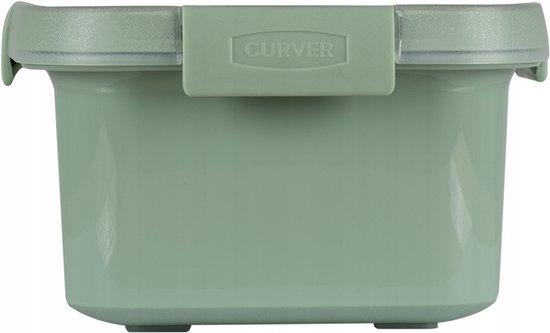 Boîte Curver rectangulaire vert pâle avec couvercle et fermeture vert pâle. Fabriqué à partir de 70 % de plastique recyclé.