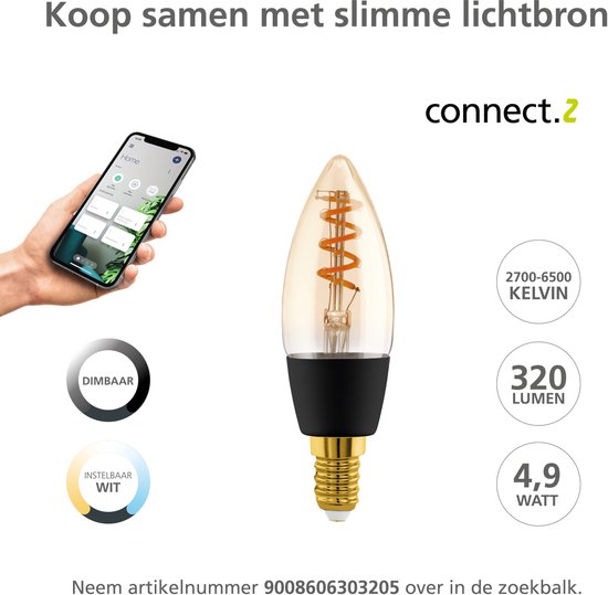 Smart connect.2 LED-lamp met een zwarte fitting en een gedraaide, amberkleurige gloeidraad. Dimbaar, instelbaar wit, 2700-6500 K, 320 lumen, 4,9 W.