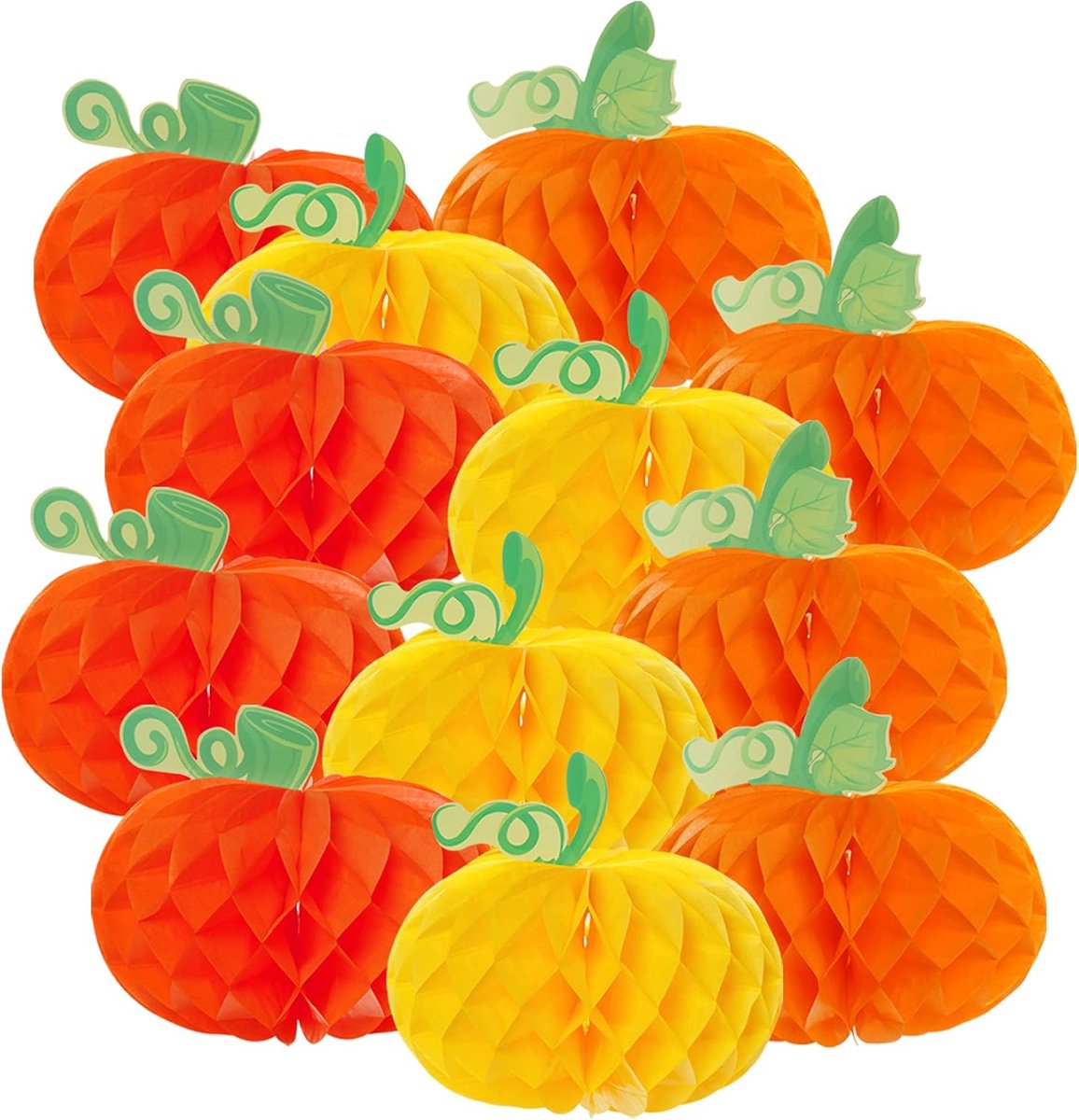 3D Honingraat Tissue Pompoen - Pompoen Ornamenten (12-Pack) - Pompoen Papieren Bloemballen - Halloween & Thanksgiving Decoraties - Feestdecoraties - Feestdecoratie Rekwisieten voor in het Klaslokaal - Oranje, Rood en Geel