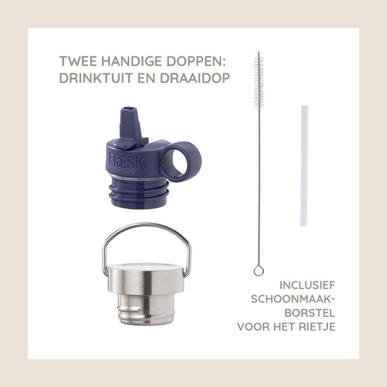 Twee handige Fresk doppen: een donkerblauwe drinktuit en een zilverkleurige draaidop. Inclusief schoonmaakborstel voor het rietje.