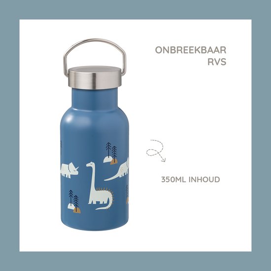 Blauwe Fresk RVS drinkfles (350ml) met dinosaurusprint en zilverkleurige draaidop.