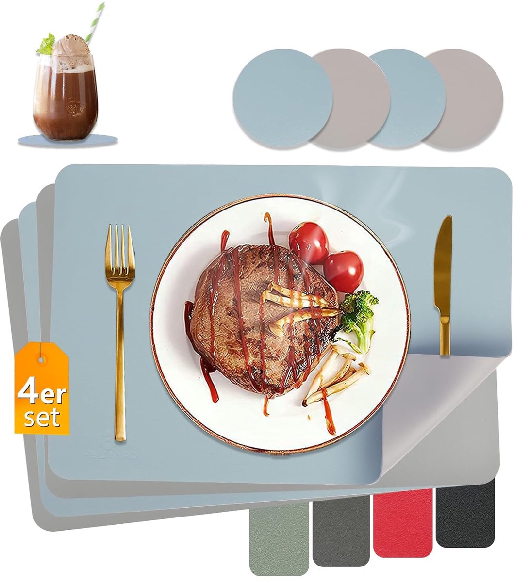 Afwasbare placemats - set van 4 - lichtblauw + grijs - lederlook