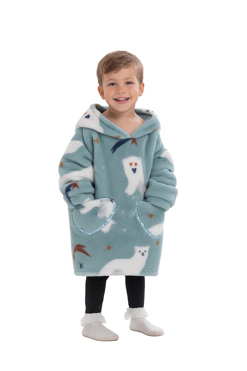 Ijsbeer fleece hoodie deken met mouwen - fleece poncho voor kinderen – fleece plaid met mouwen - maat 98/128 – lengte 60 cm – warm & zacht – relax outfit kids – grijs/blauw - Badrock