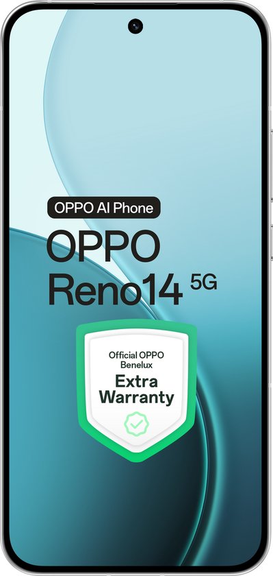 Witte Oppo Reno14 5G telefoon met op het scherm de tekst 'Official OPPO Benelux Extra Warranty'.