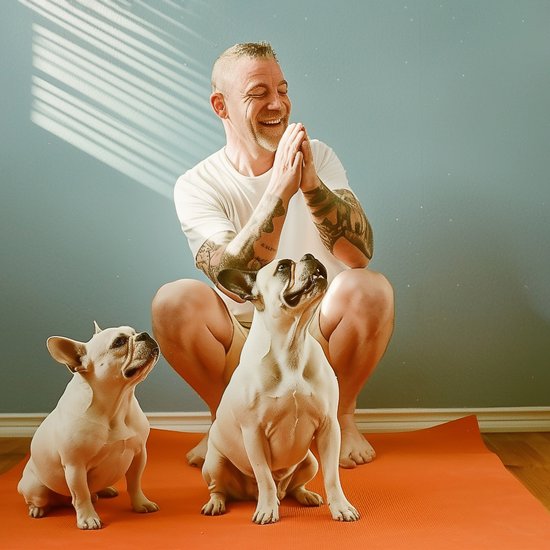 Man met tatoeages en twee witte Franse bulldogs op een oranje yogamat.