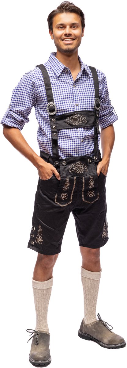 Samex® Lederhosen Man - Compleet Lederhose Kostuum - Inclusief Blauw Overhemd - Lederhose - Oktoberfest Heren - Carnavalskleding - Verkleedkleren mannen - Zwart - Maat M