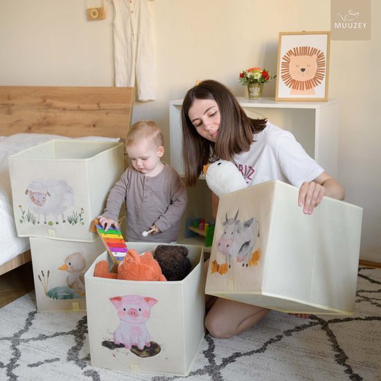 Muuzey Opbergmanden Kinderkamer - Set van 4 Opbergboxen voor Kallax Kast - Speelgoed Opbergdoos - 33x33x33 CM - Speelgoedmand BabyKamer Dozen - Dierenmotief Inzetbakken - Dieren Inzetbakken — afbeelding 4