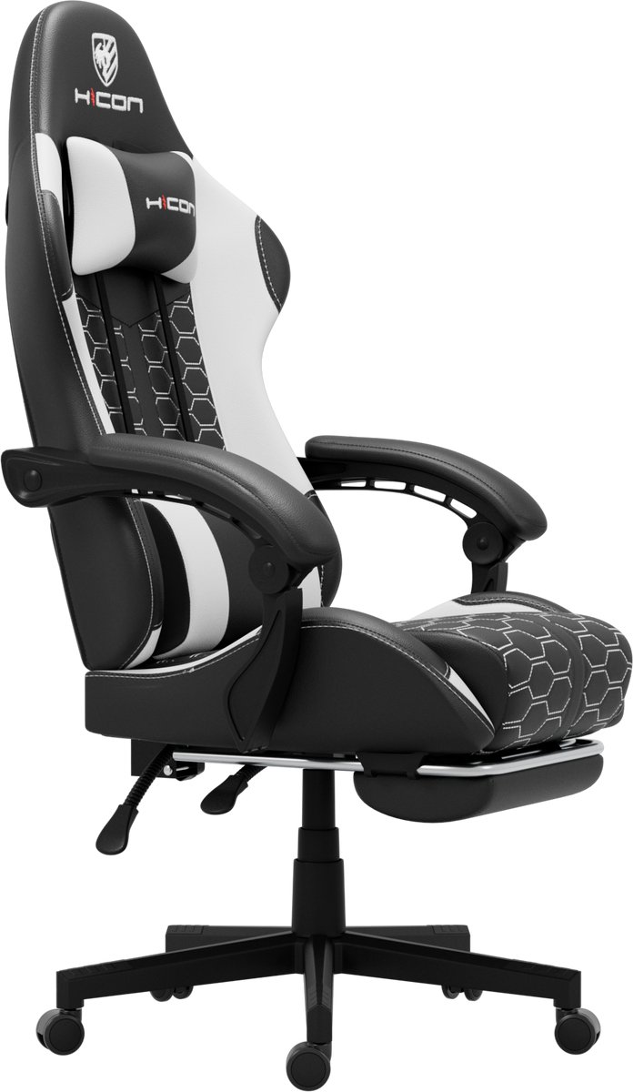 Afbeelding 2 van Gamestoel - Gaming stoel - Game stoel - Gaming Chair - HICON® - Verstelbaar - Lambeth - Max Gewicht 150 kg - Zwart Wit