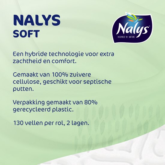 Nalys Soft : technologie hybride pour douceur et confort. 130 feuilles par rouleau, 2 plis. Emballage en plastique recyclé à 80%.