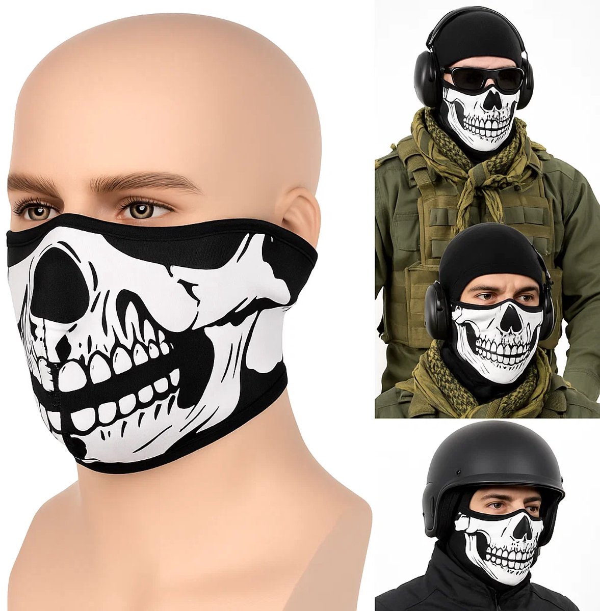 Biker mask half face skull hoog model Zwart