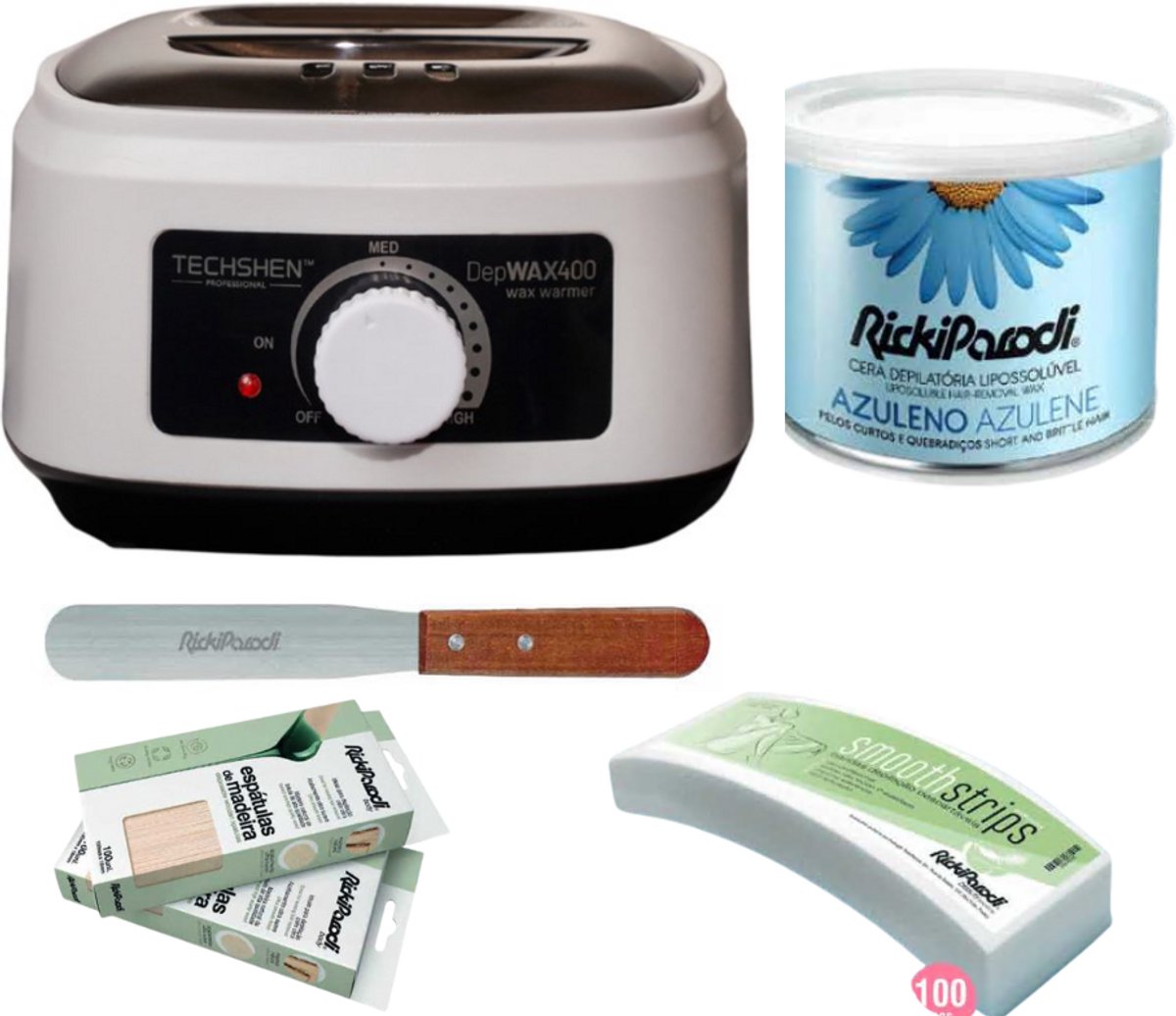 RickiParodi – Wax Starterset – Waxverwarmer – Azulene Hars – Metalen & Houten Spatels – Ontharingsstrips